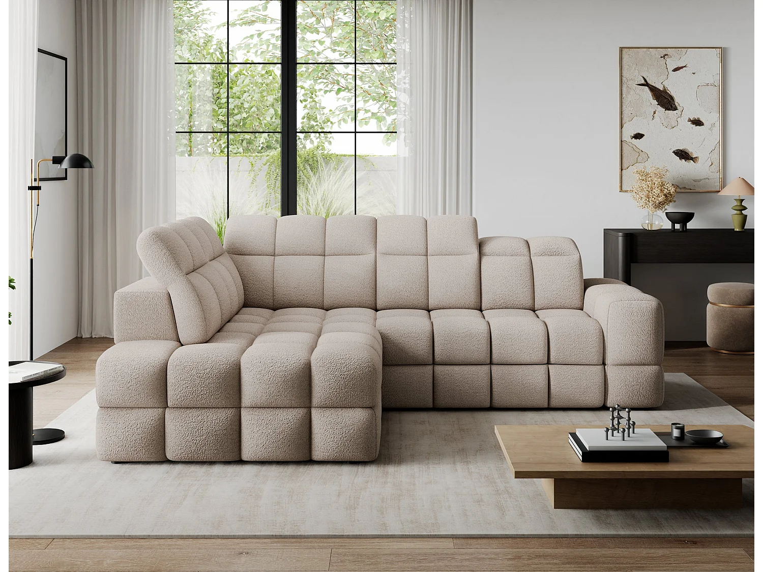 Canapé d'angle 3 places convertible avec rangement en tissu beige