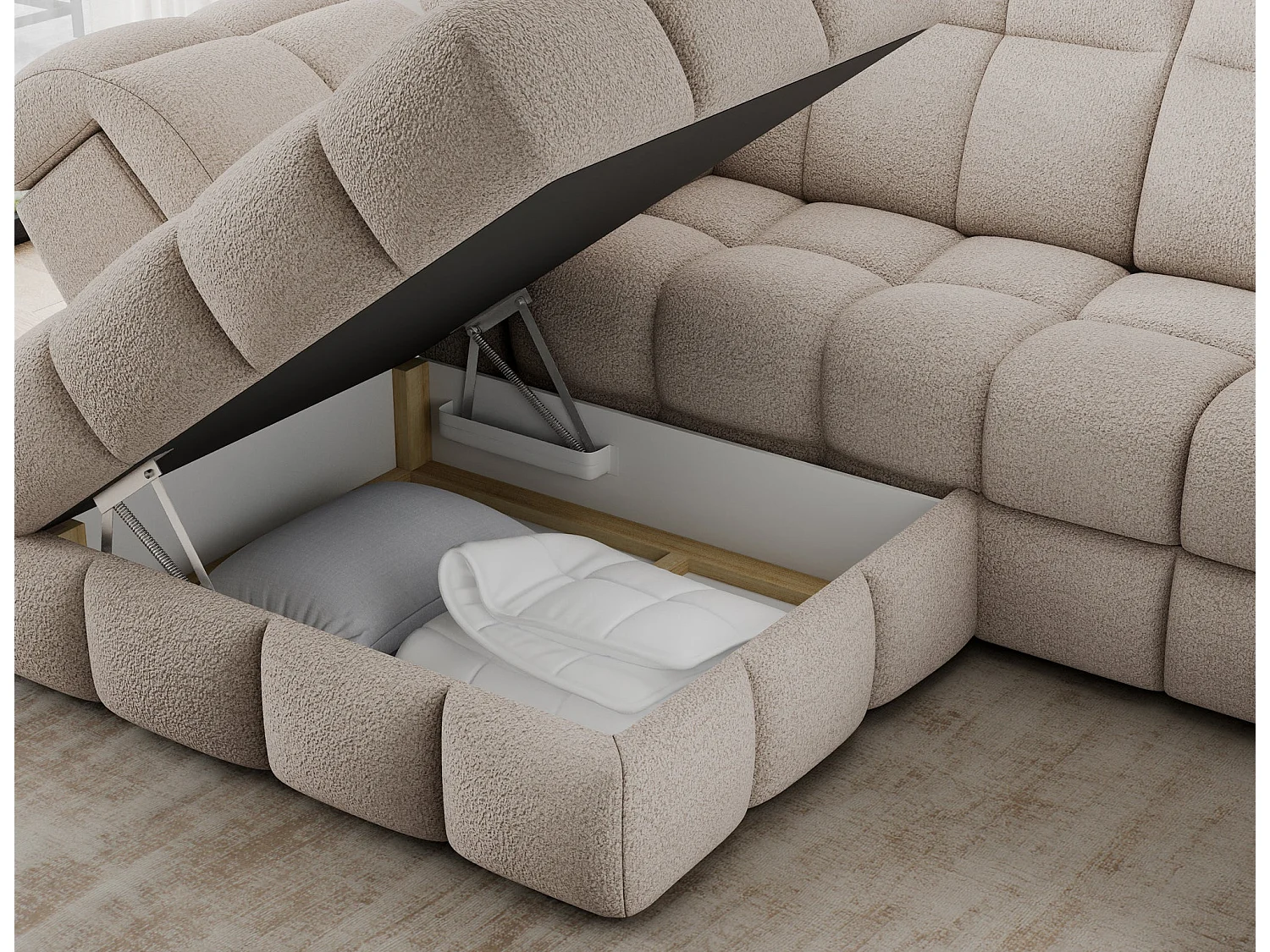 Canapé d'angle 3 places convertible avec rangement en tissu beige
