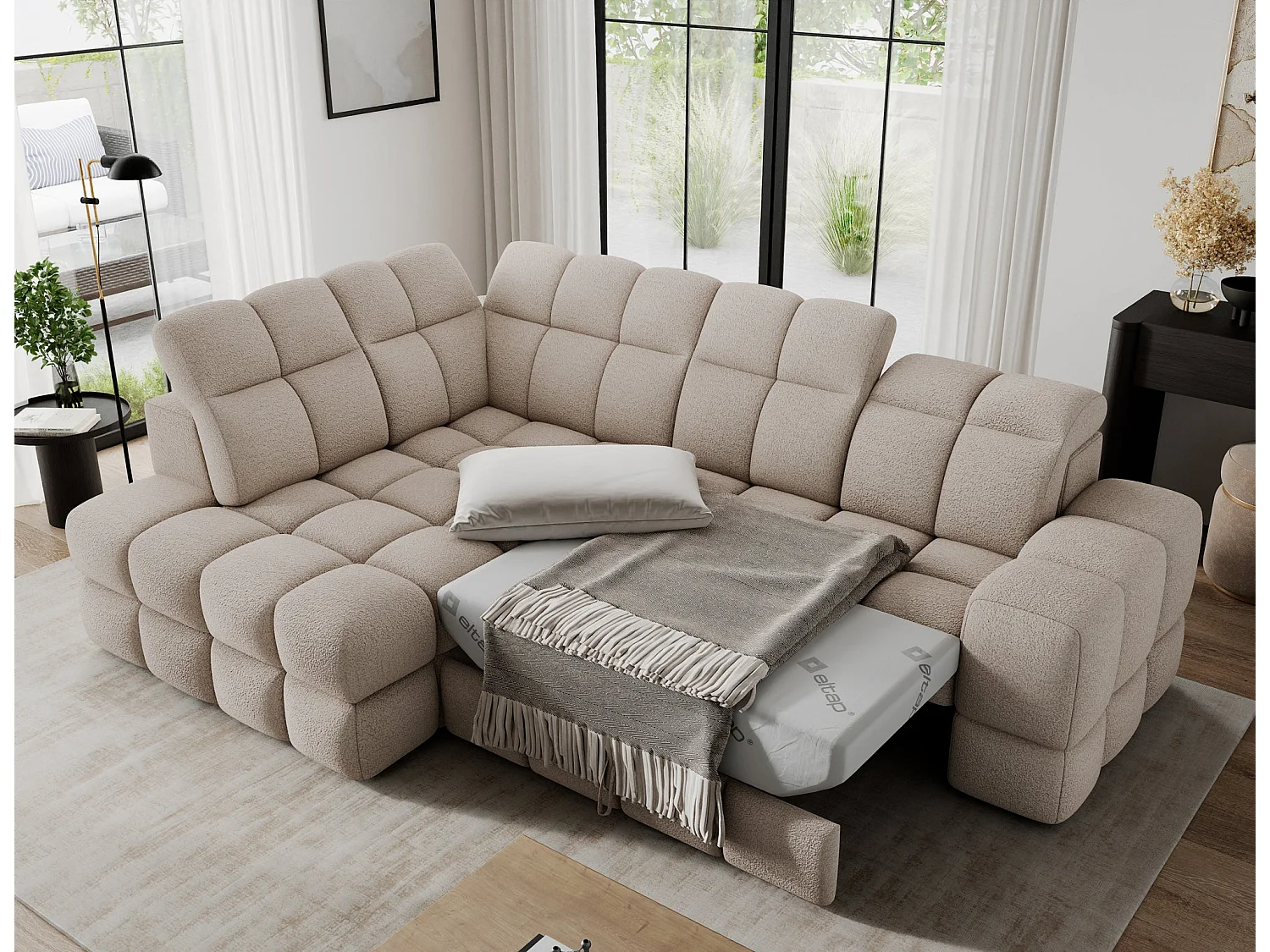 Canapé d'angle 3 places convertible avec rangement en tissu beige