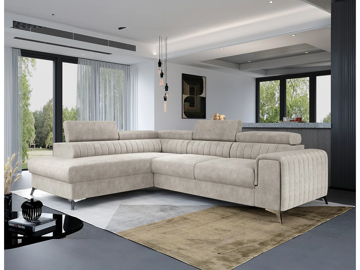 Divano letto a L Laurence con contenitore e poggiatesta regolabili, 278 x 205 cm