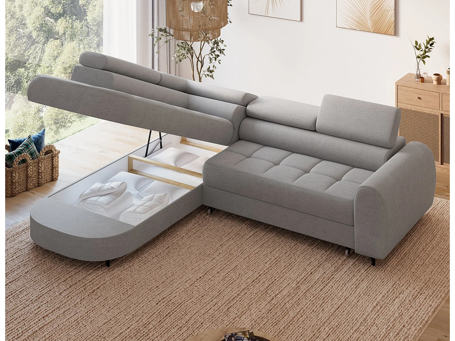 Ecksofa Vesteria mit Schlaffunktion und Bettkasten – Modernes Design, verstellbare Kopfstützen und hoher Sitzkomfort