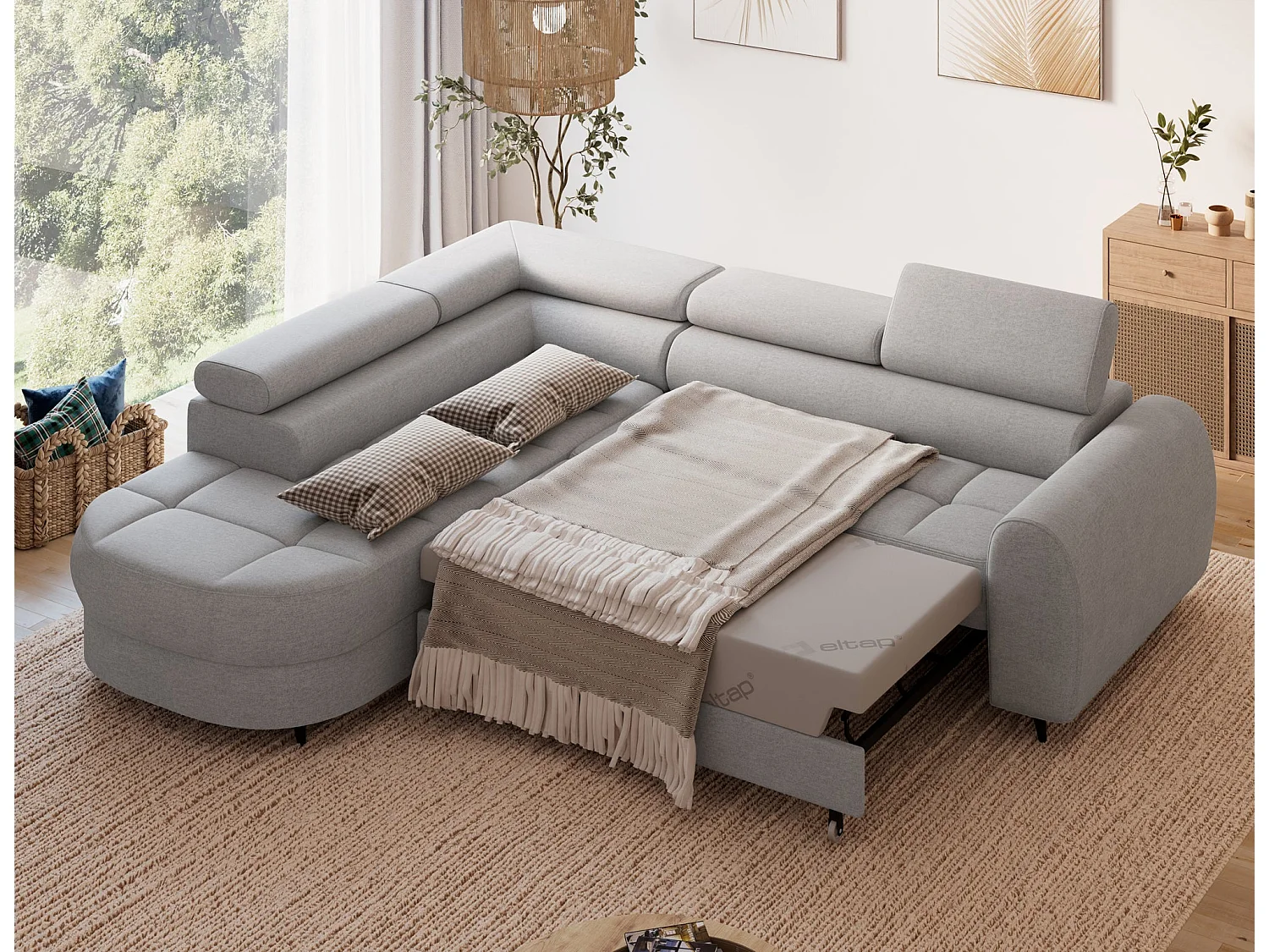 Ecksofa Vesteria mit Schlaffunktion und Bettkasten – Modernes Design, verstellbare Kopfstützen und hoher Sitzkomfort