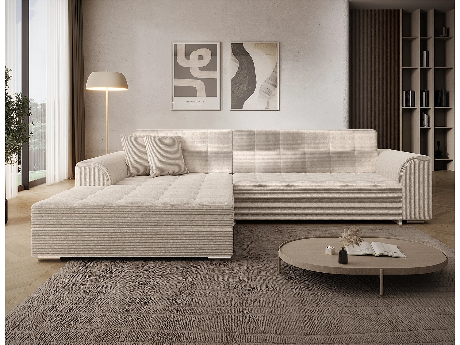 Moderno Divano Letto a Forma di L Beige con Meccanismo a Delfino e Alto Comfort - Sorento 296 cm