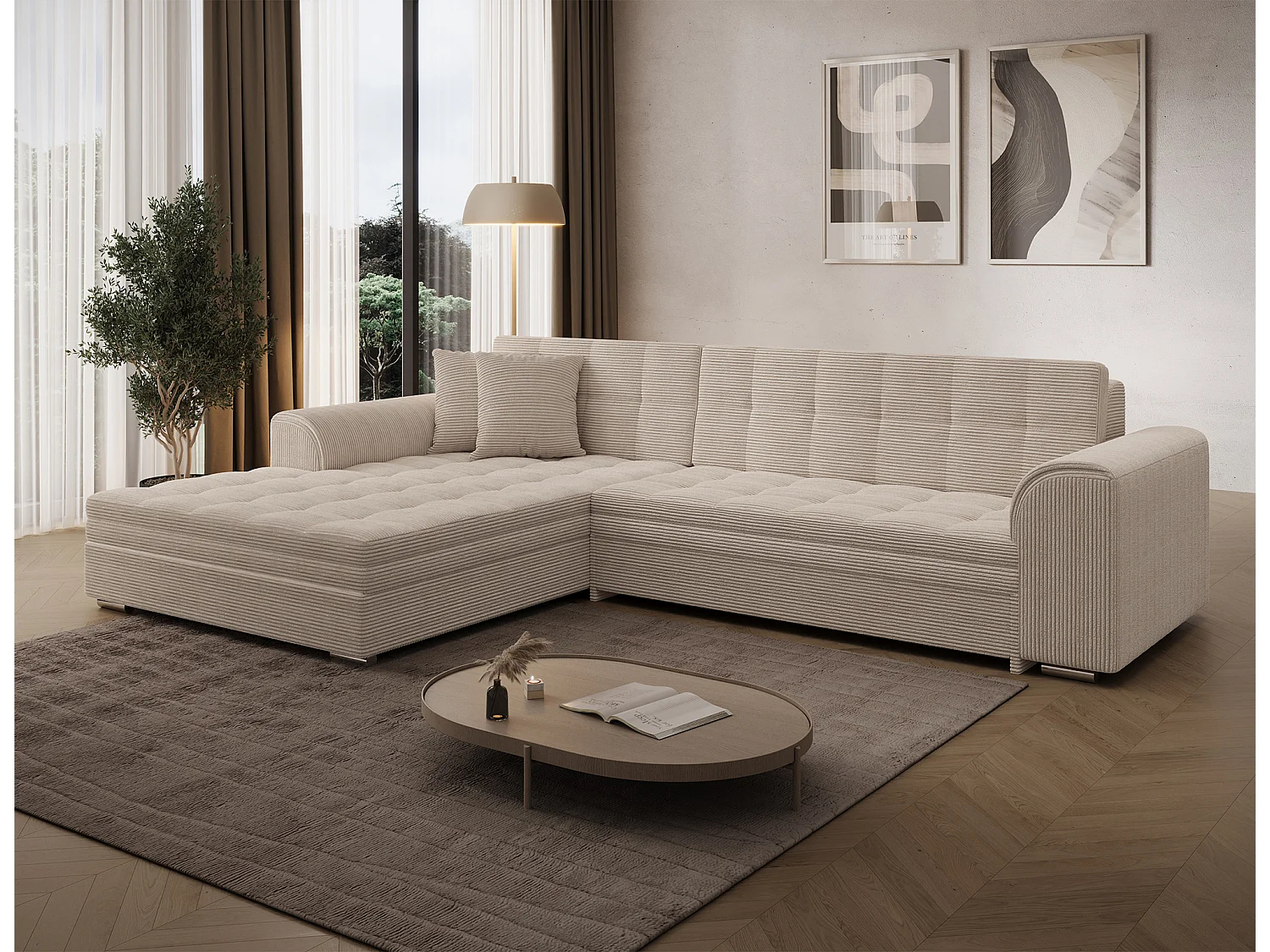 Moderno Divano Letto a Forma di L Beige con Meccanismo a Delfino e Alto Comfort - Sorento 296 cm