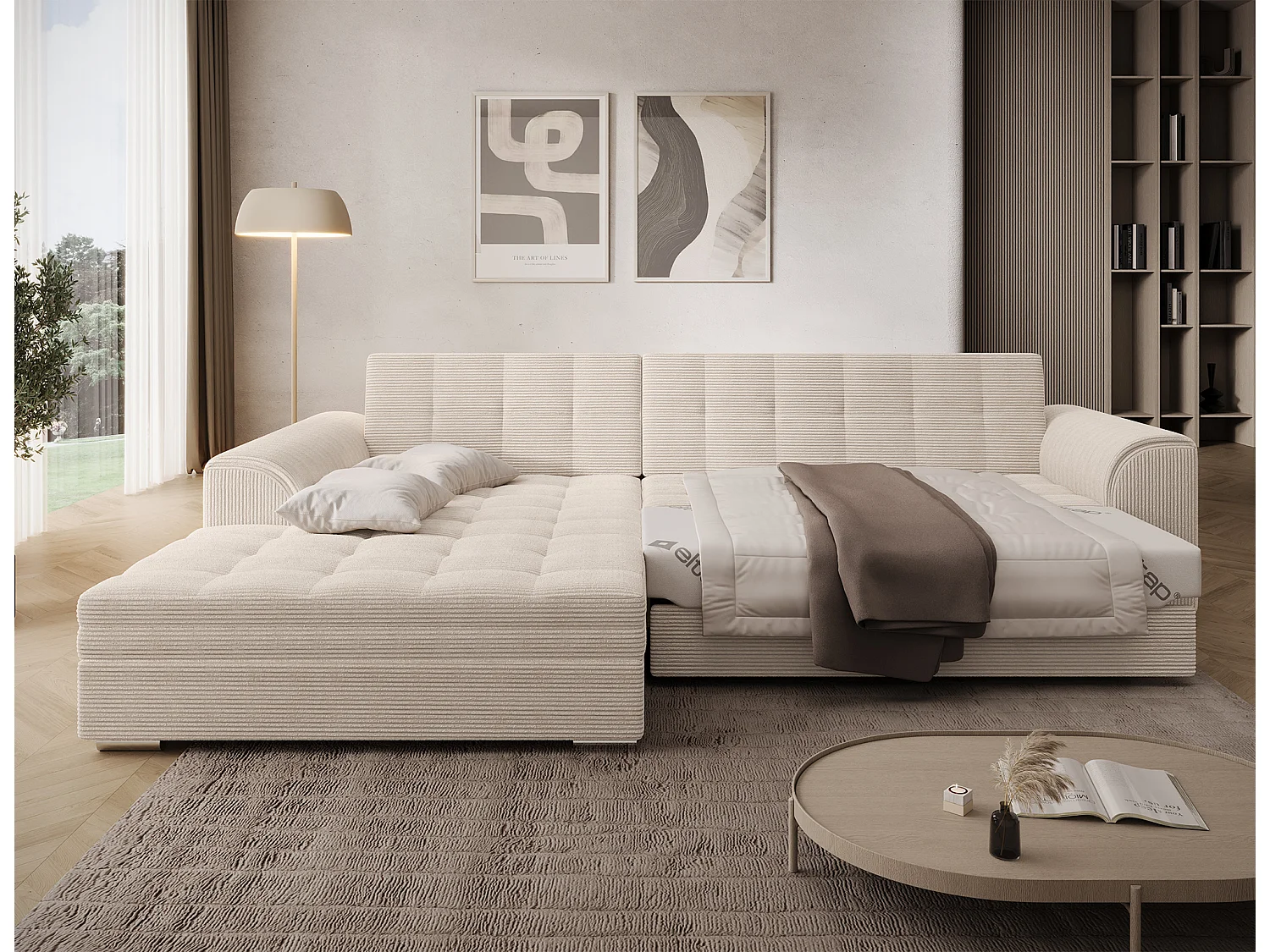 Moderno Divano Letto a Forma di L Beige con Meccanismo a Delfino e Alto Comfort - Sorento 296 cm