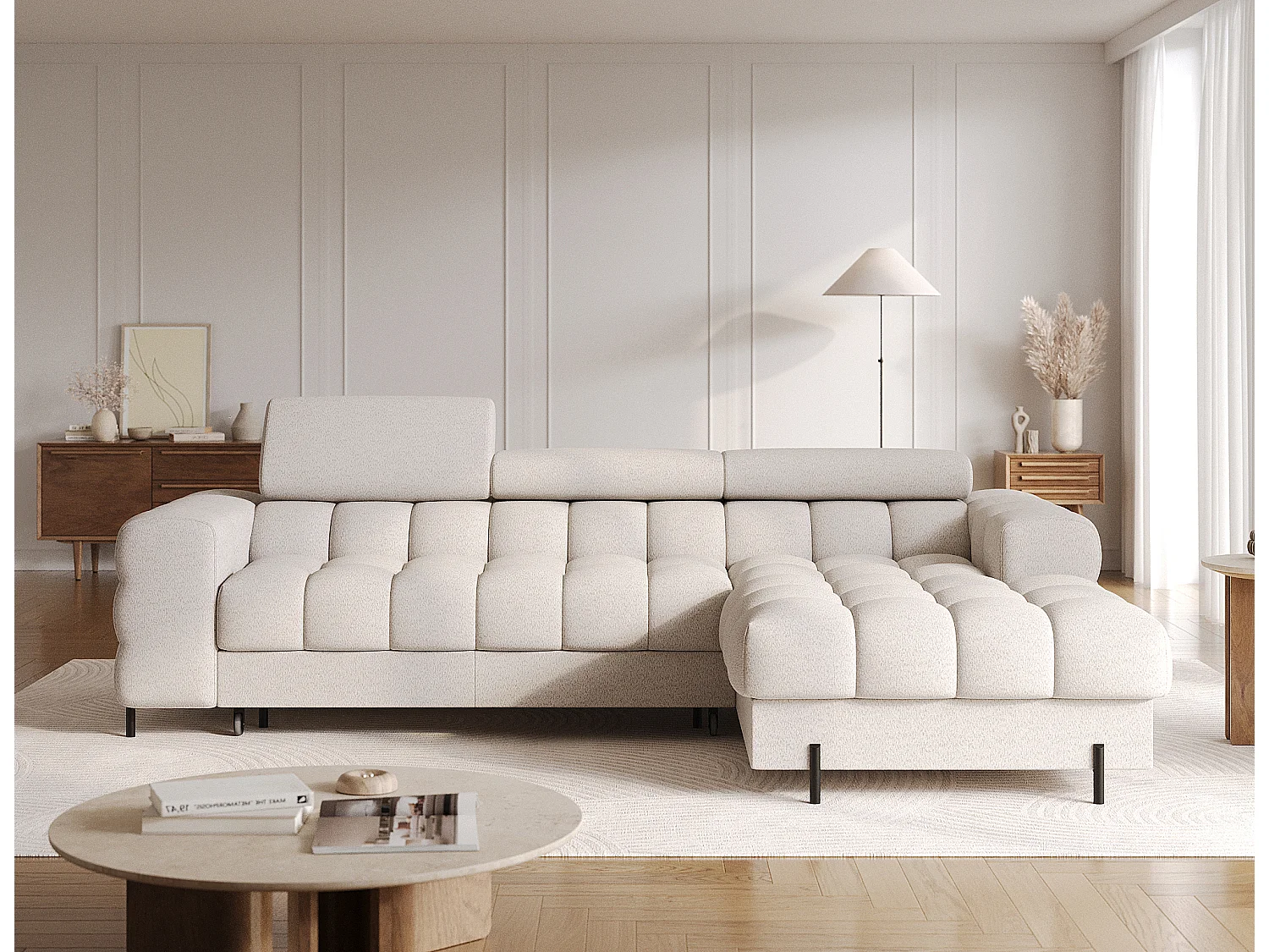 Moderne L-vormige Premium Slaapbank FELRO met Verstelbare Hoofdsteunen & Opbergruimte - Beige Stof, Goed Gebalanceerd Comfort