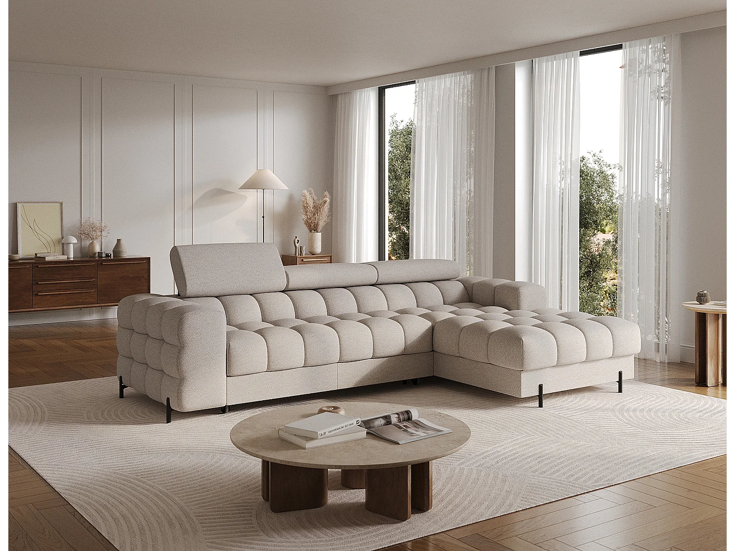 Moderne L-vormige Premium Slaapbank FELRO met Verstelbare Hoofdsteunen & Opbergruimte - Beige Stof, Goed Gebalanceerd Comfort