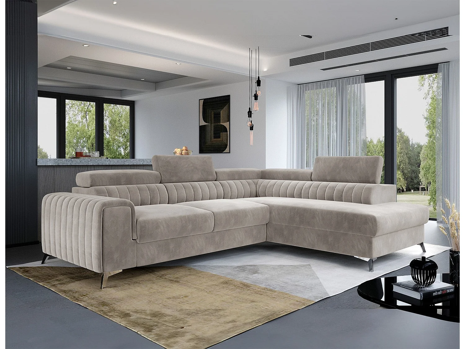 Moderno divano letto a L Laurence con poggiatesta regolabili e vano portaoggetti - 278 x 205 cm