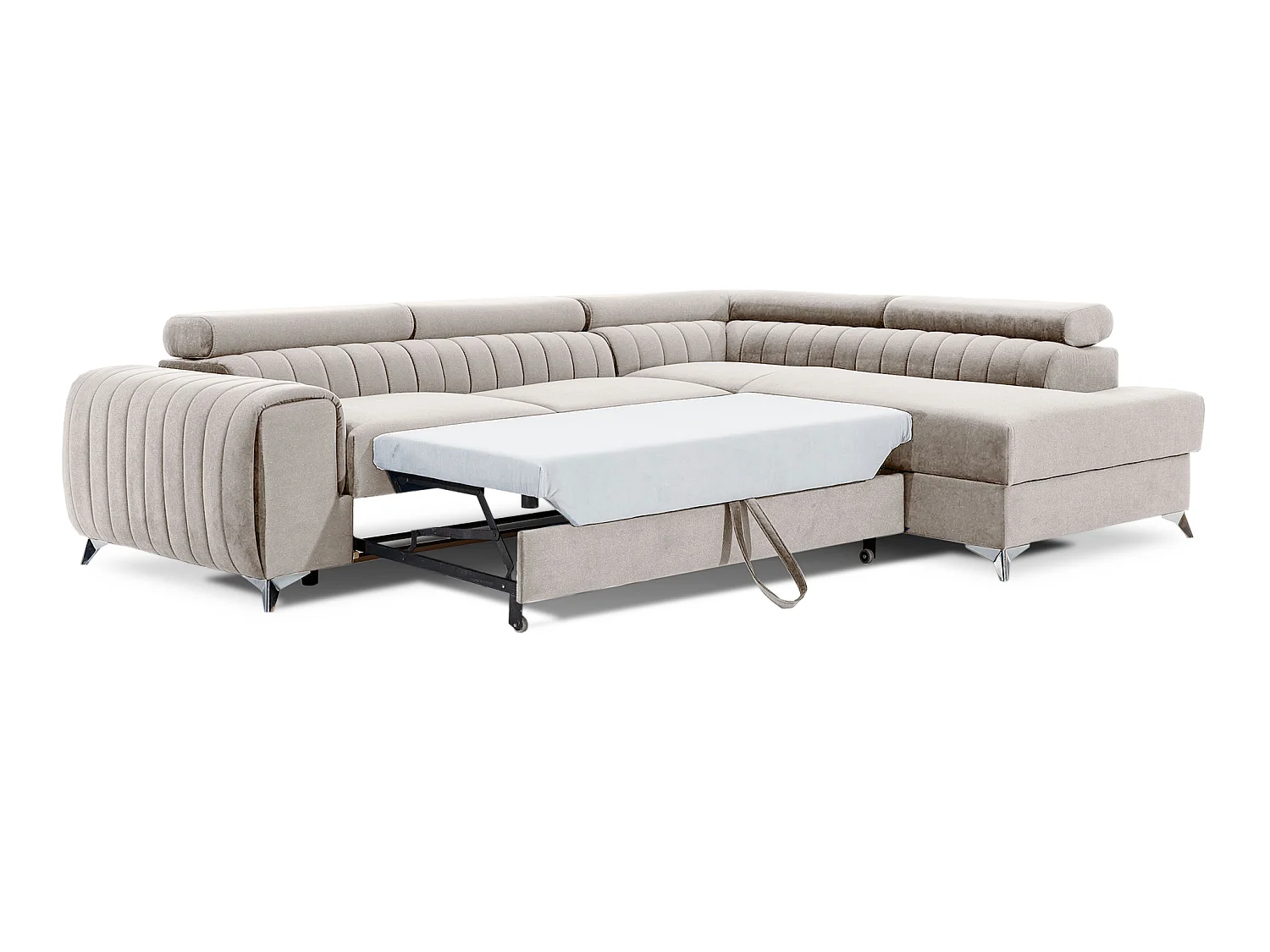 Moderno divano letto a L Laurence con poggiatesta regolabili e vano portaoggetti - 278 x 205 cm