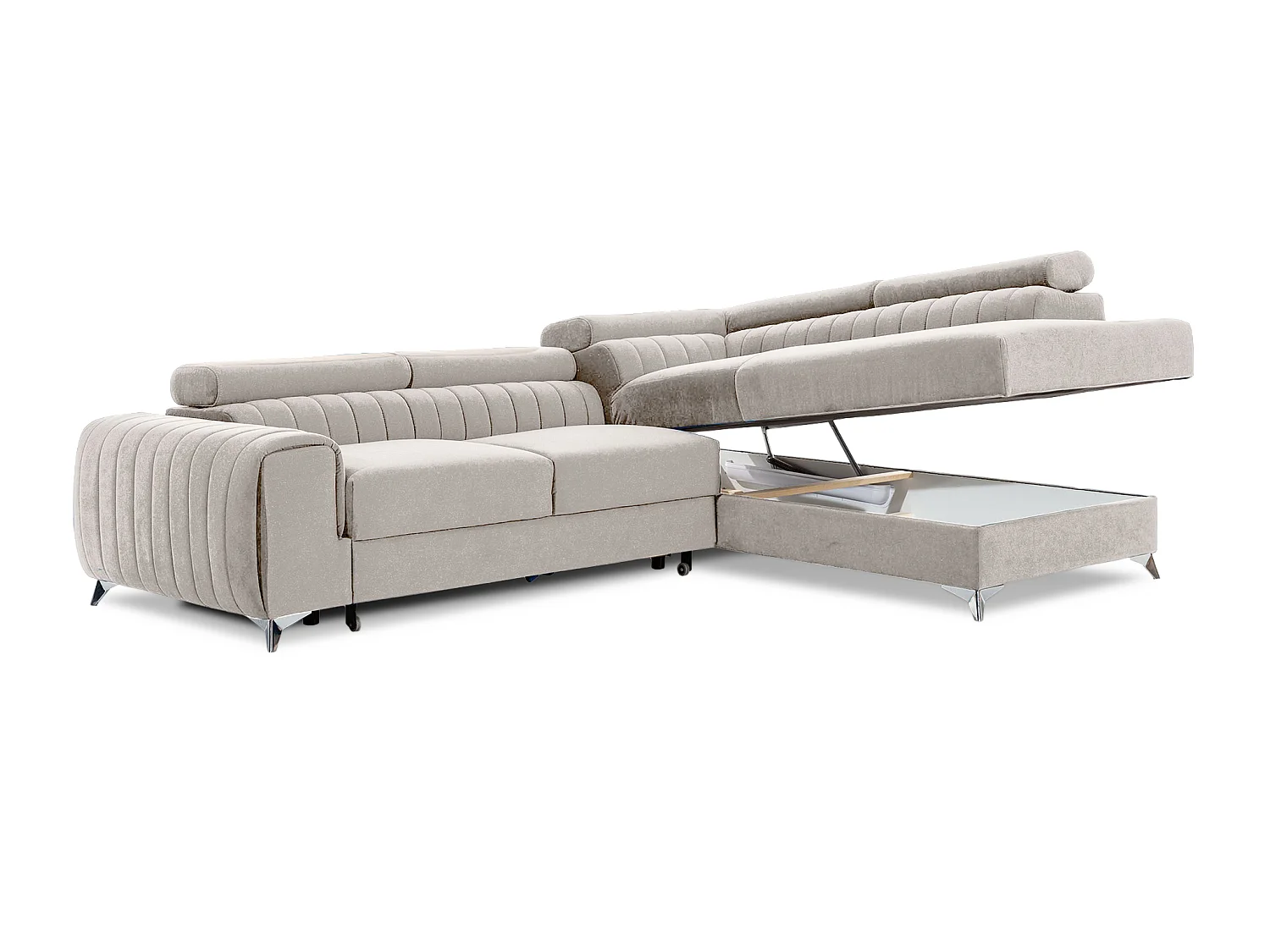 Moderno divano letto a L Laurence con poggiatesta regolabili e vano portaoggetti - 278 x 205 cm