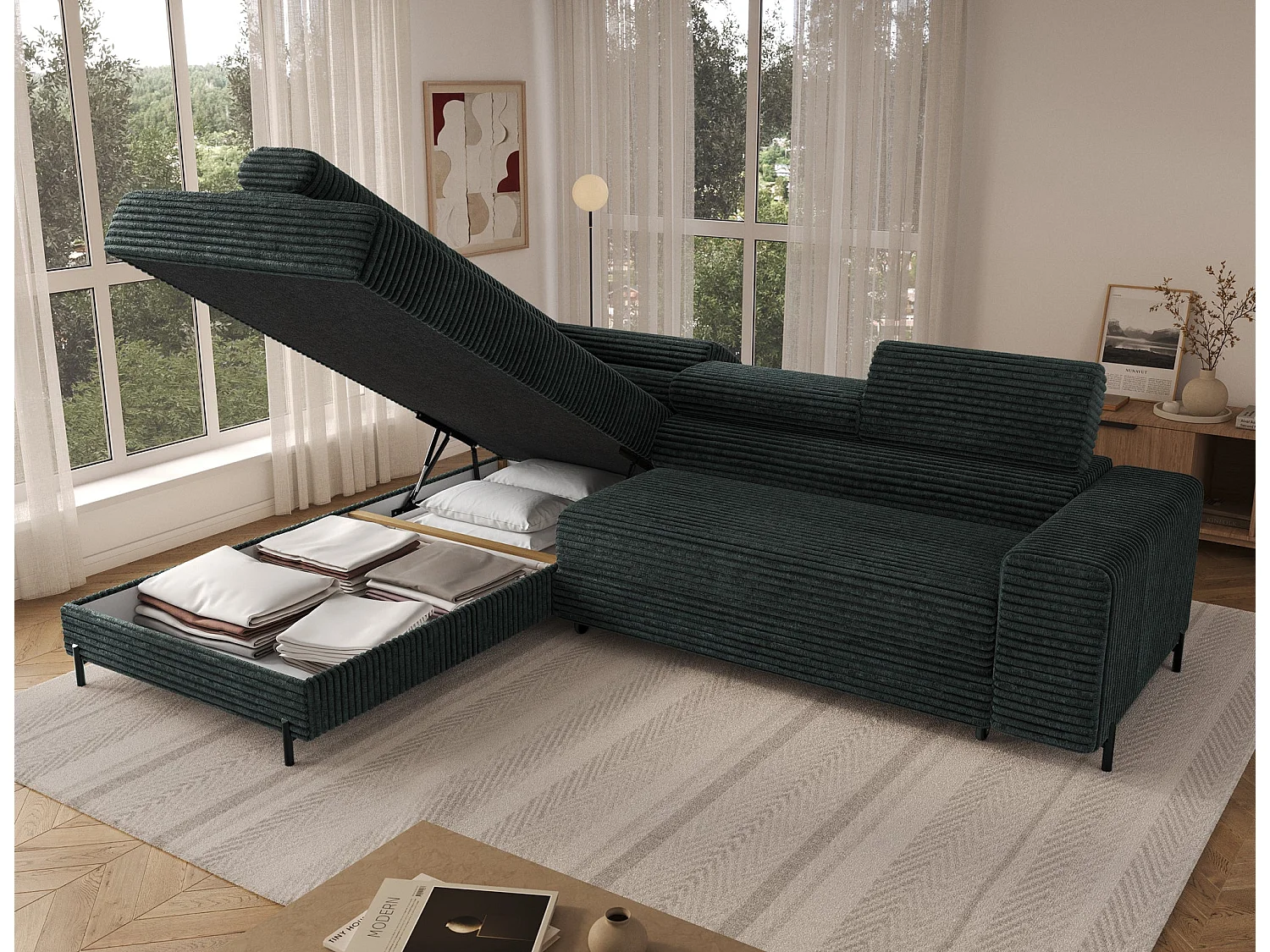 Ecksofa COLESIO L-Form, Schlaffunktion, Bettkasten, verstellbare Kopfstützen, Wellenfederung, Metallfüße, breiter Cordstoff