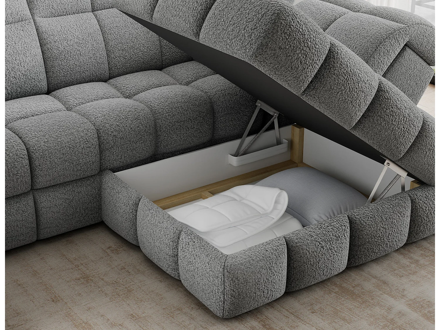 Ecksofa Bronon mit Schlaffunktion und Bettkasten – Modernes Design, verstellbare Kopfstützen und verschiebbare Rückenlehnen