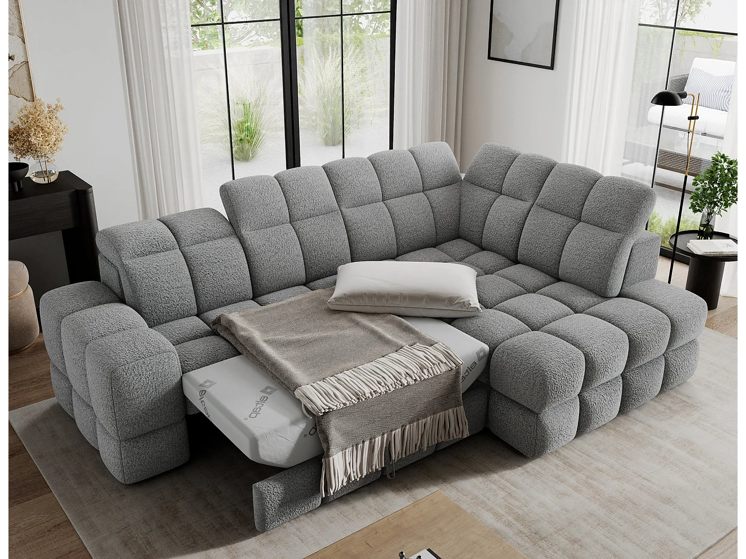 Ecksofa Bronon mit Schlaffunktion und Bettkasten – Modernes Design, verstellbare Kopfstützen und verschiebbare Rückenlehnen