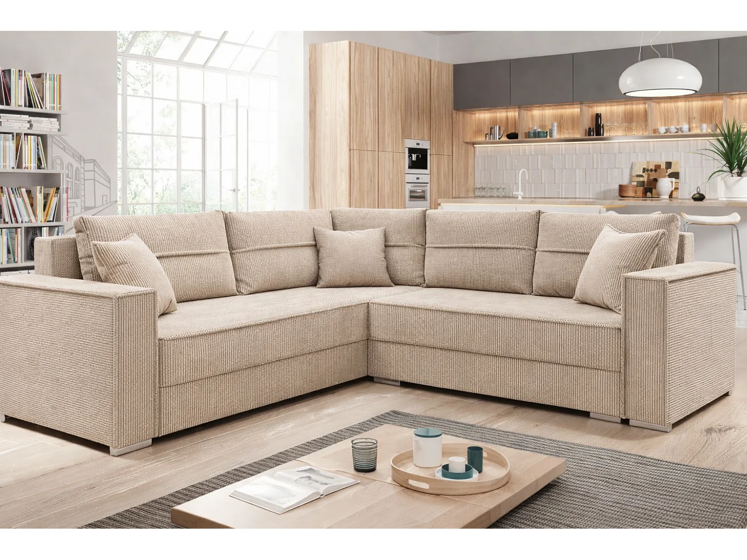 Couchgarnitur PARIS – Wohnlandschaft L-Form mit Schlaffunktion & Bettkasten Flauschiger Cord Stoff POSO Creme