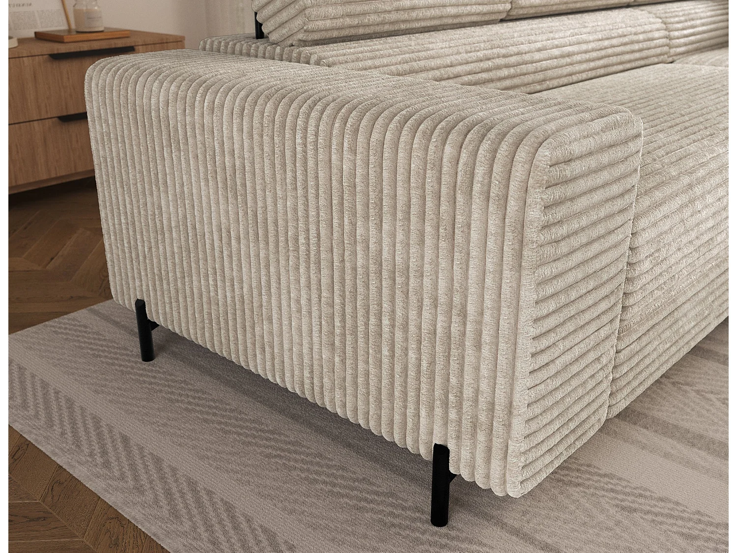 Ecksofa COLESIO L-Form, Schlaffunktion, Bettkasten, verstellbare Kopfstützen, Wellenfederung, Metallfüße, breiter Cordstoff