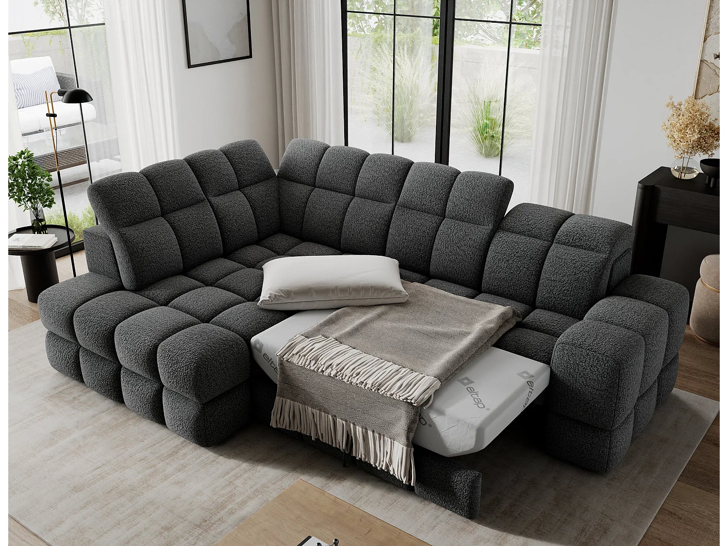 Ecksofa Bronon mit Schlaffunktion und Bettkasten – Modernes Design, verstellbare Kopfstützen und verschiebbare Rückenlehnen