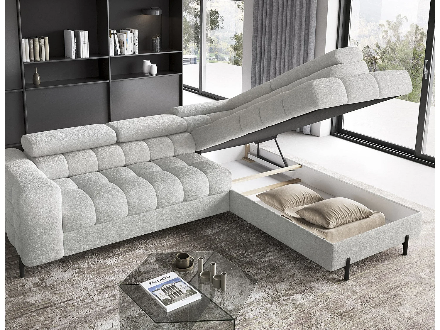Wohnlandschaft FERUCCE Ecksofa L-Form – Polsterecke mit Schlaffunktion, Bettkasten & verstellbaren Kopfstützen 276 cm