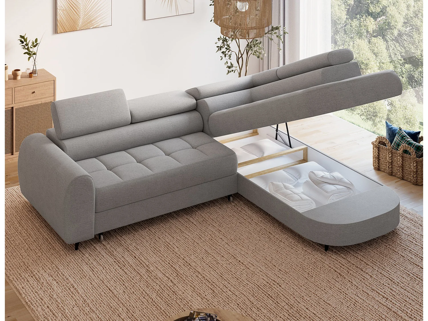 Ecksofa Vesteria mit Schlaffunktion und Bettkasten – Modernes Design, verstellbare Kopfstützen und hoher Sitzkomfort