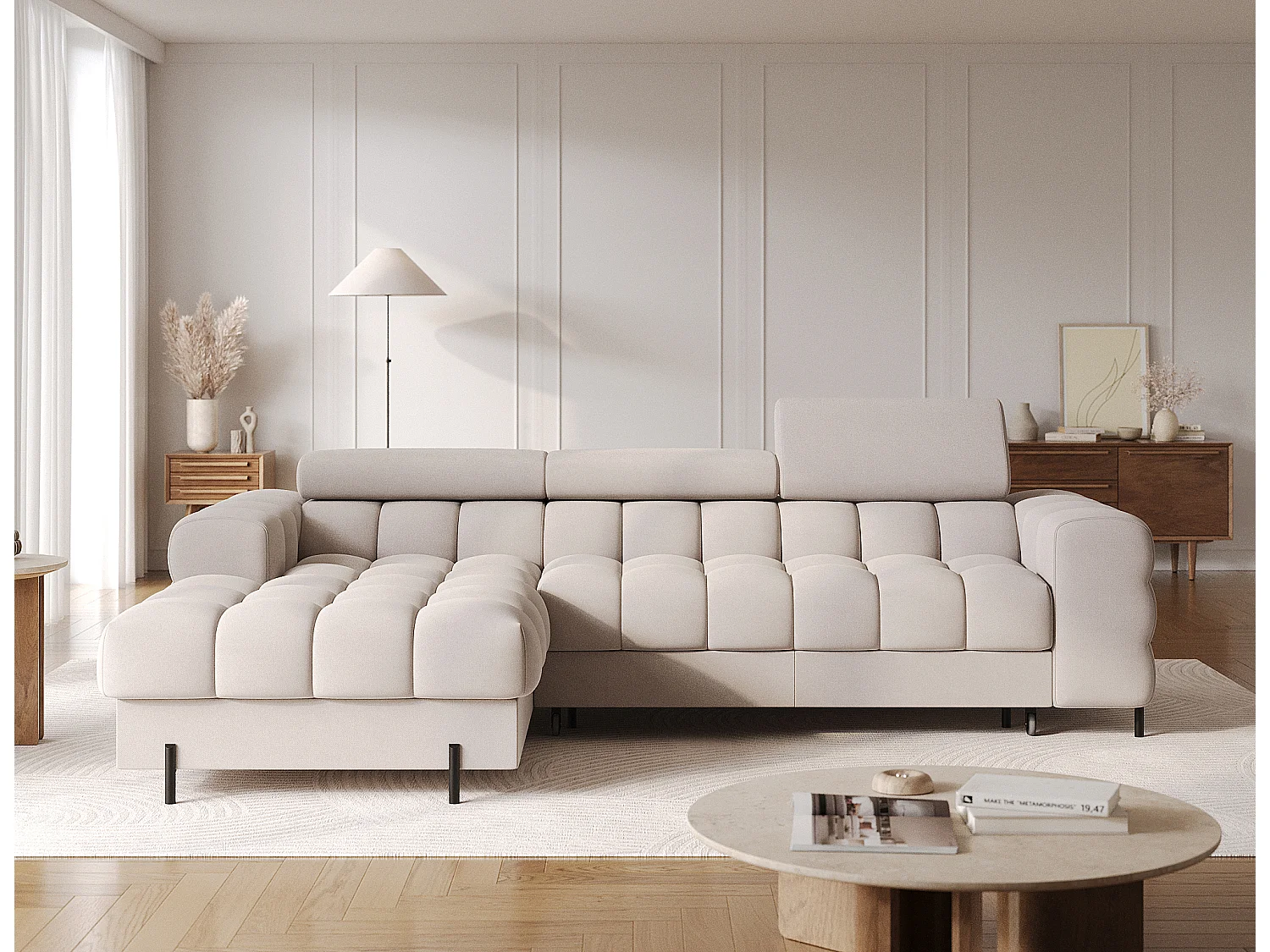 Canapé-lit Premium Moderne en Forme de L FELRO avec Appuie-Têtes Réglables & Rangement - Tissu Beige, Angle Gauche