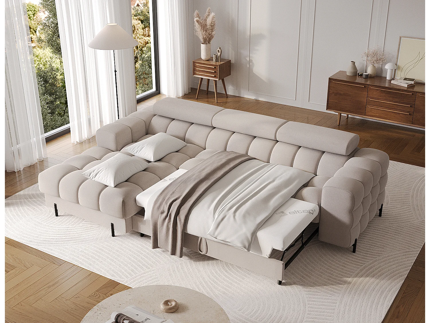 Canapé-lit Premium Moderne en Forme de L FELRO avec Appuie-Têtes Réglables & Rangement - Tissu Beige, Angle Gauche