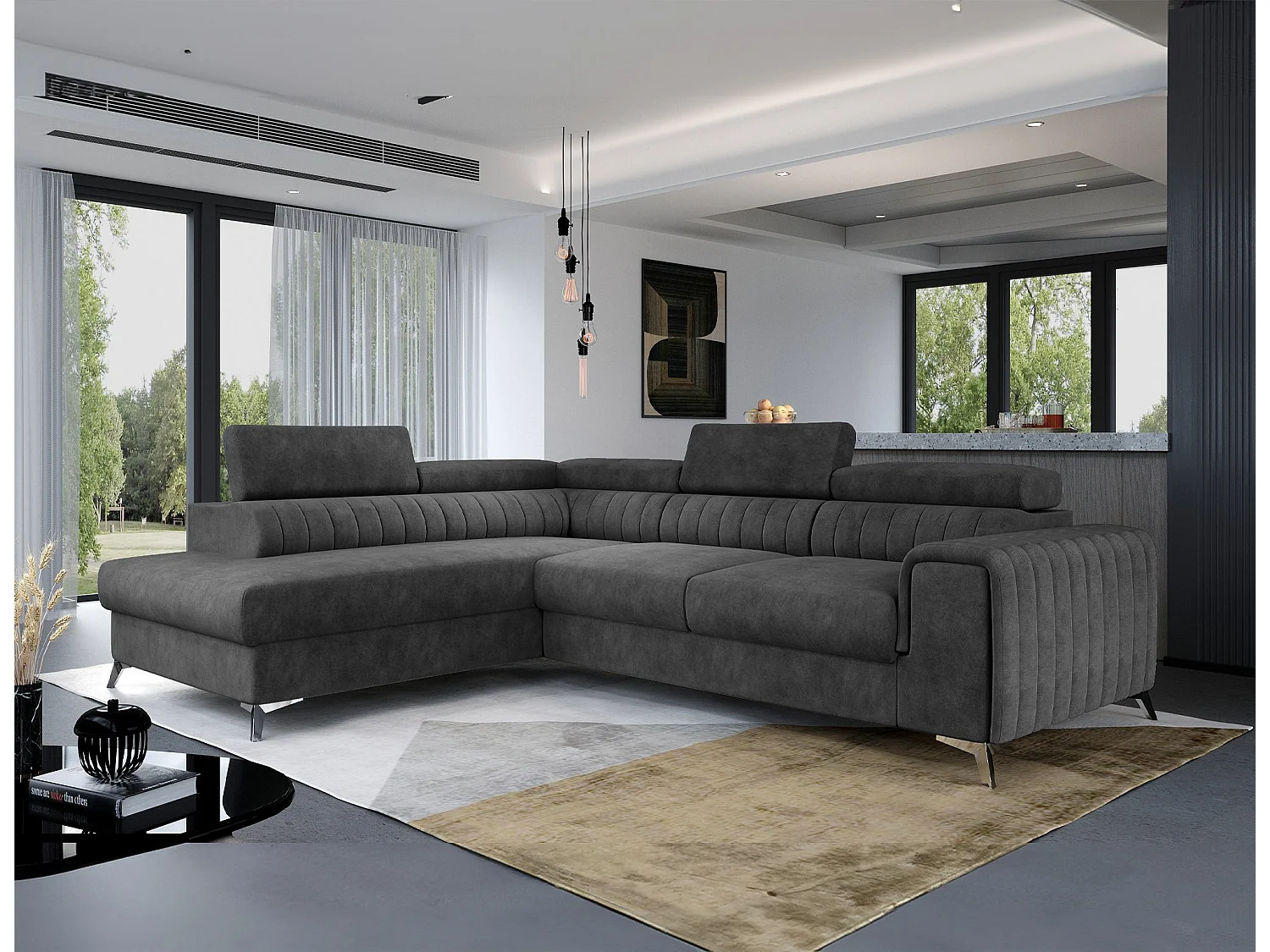 Moderno divano letto a L Laurence con contenitore e poggiatesta regolabili - 278 x 205 cm