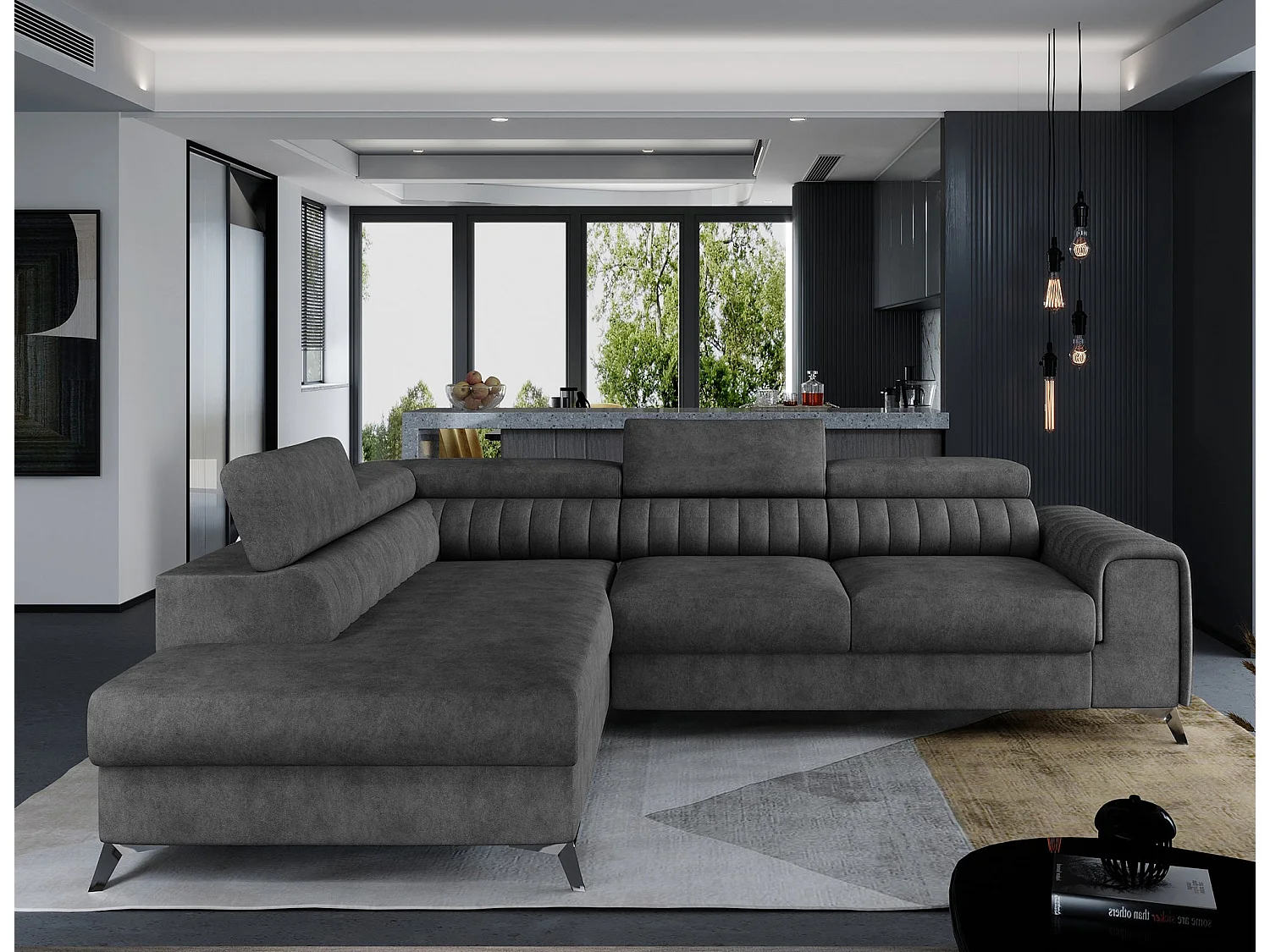 Moderno divano letto a L Laurence con contenitore e poggiatesta regolabili - 278 x 205 cm