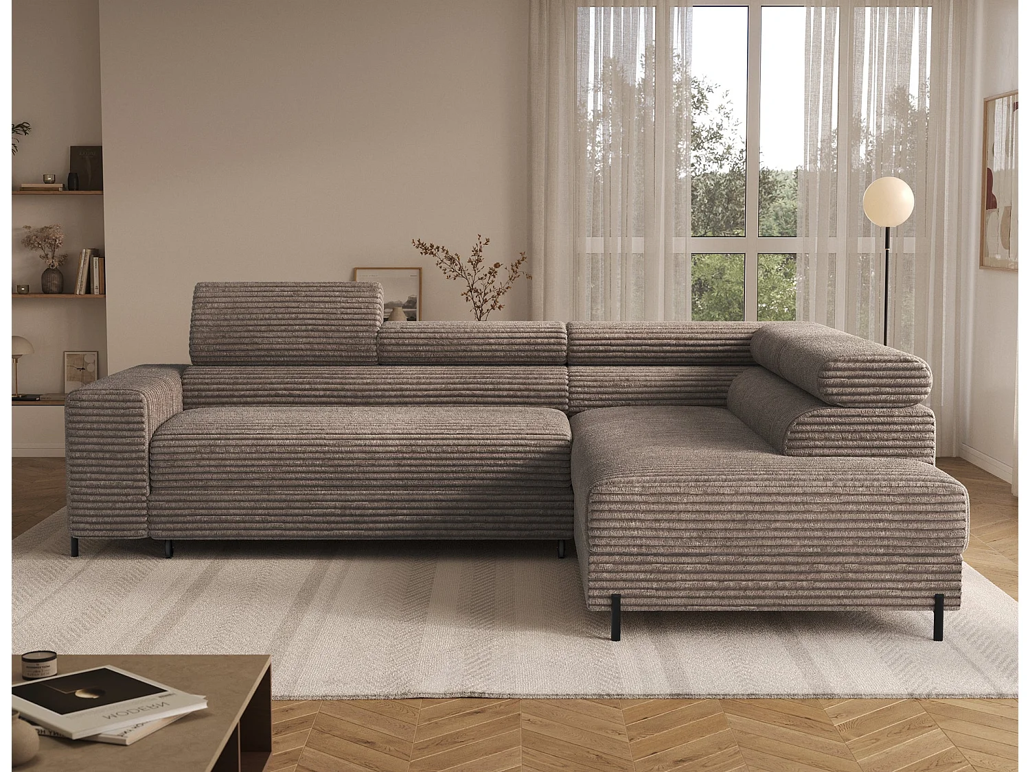 Ecksofa COLESIO L-Form, Schlaffunktion, Bettkasten, verstellbare Kopfstützen, Wellenfederung, Metallfüße, breiter Cordstoff