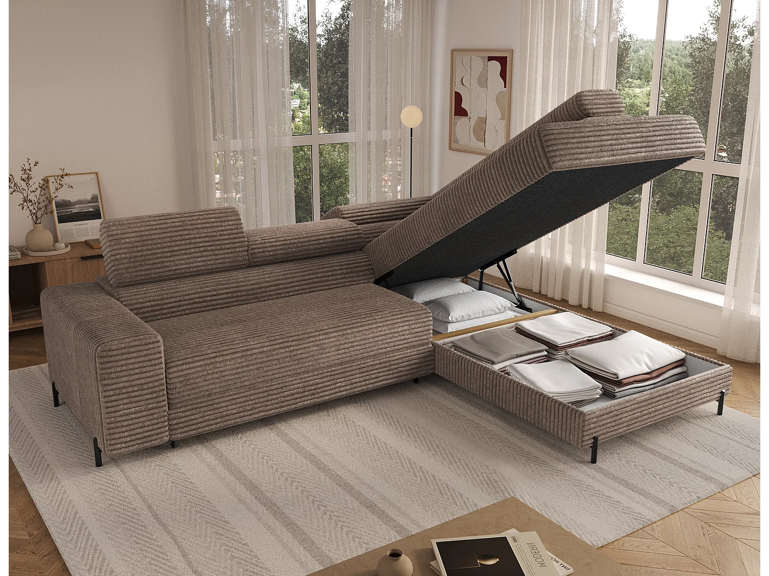 Ecksofa COLESIO L-Form, Schlaffunktion, Bettkasten, verstellbare Kopfstützen, Wellenfederung, Metallfüße, breiter Cordstoff