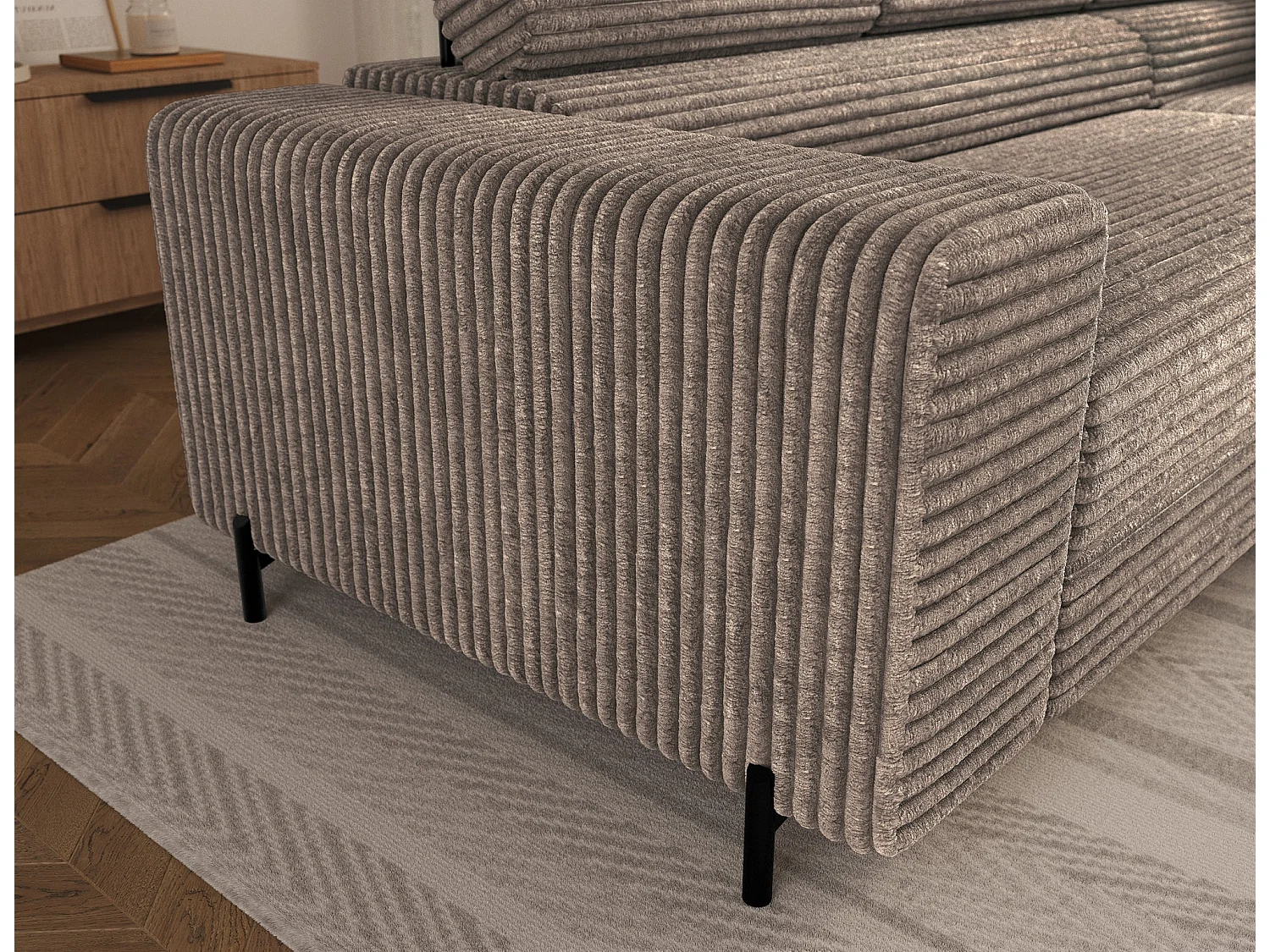 Ecksofa COLESIO L-Form, Schlaffunktion, Bettkasten, verstellbare Kopfstützen, Wellenfederung, Metallfüße, breiter Cordstoff