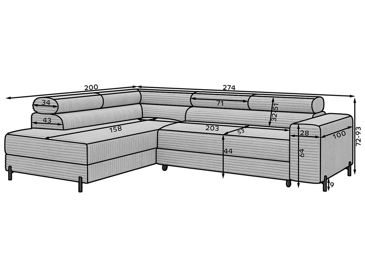 Ecksofa COLESIO L-Form, Schlaffunktion, Bettkasten, verstellbare Kopfstützen, Wellenfederung, Metallfüße, breiter Cordstoff