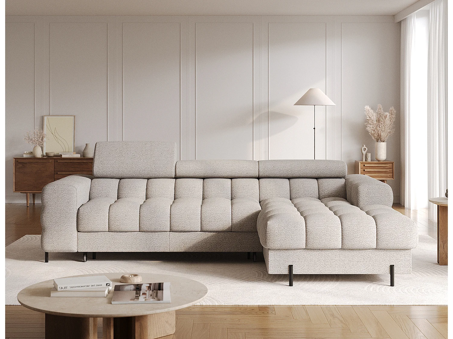 Moderne L-Vorm Premium Slaapbank FELRO met Verstelbare Hoofdsteunen & Opbergruimte - Beige Stof, Stevig Frame