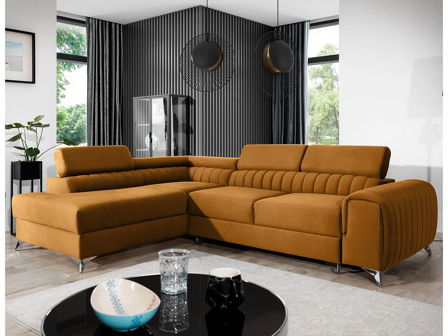 Moderno Divano a L Laurence con Funzione Letto e Contenitore - 278 x 205 cm, Poggiatesta Regolabili