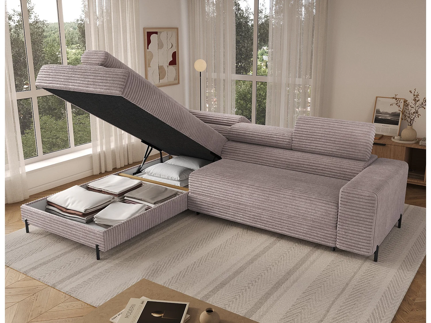 Ecksofa COLESIO L-Form, Schlaffunktion, Bettkasten, verstellbare Kopfstützen, Wellenfederung, Metallfüße, breiter Cordstoff