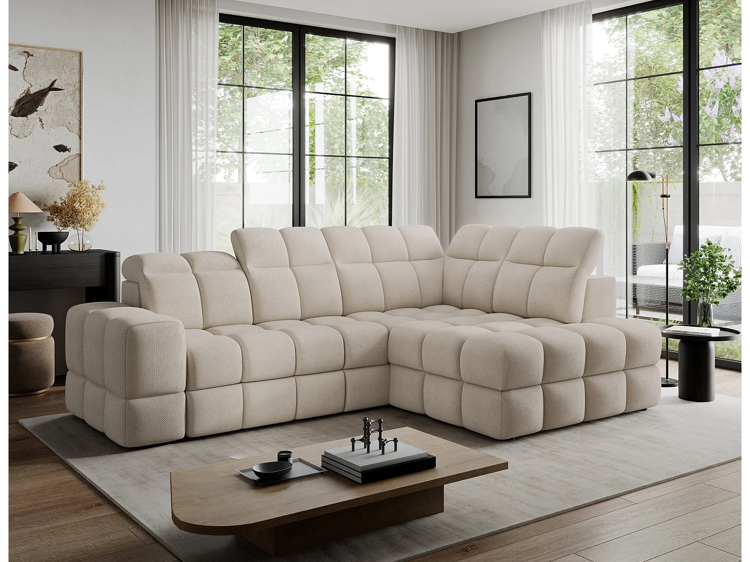 Ecksofa Bronon mit Schlaffunktion und Bettkasten – Modernes Design, verstellbare Kopfstützen und verschiebbare Rückenlehnen
