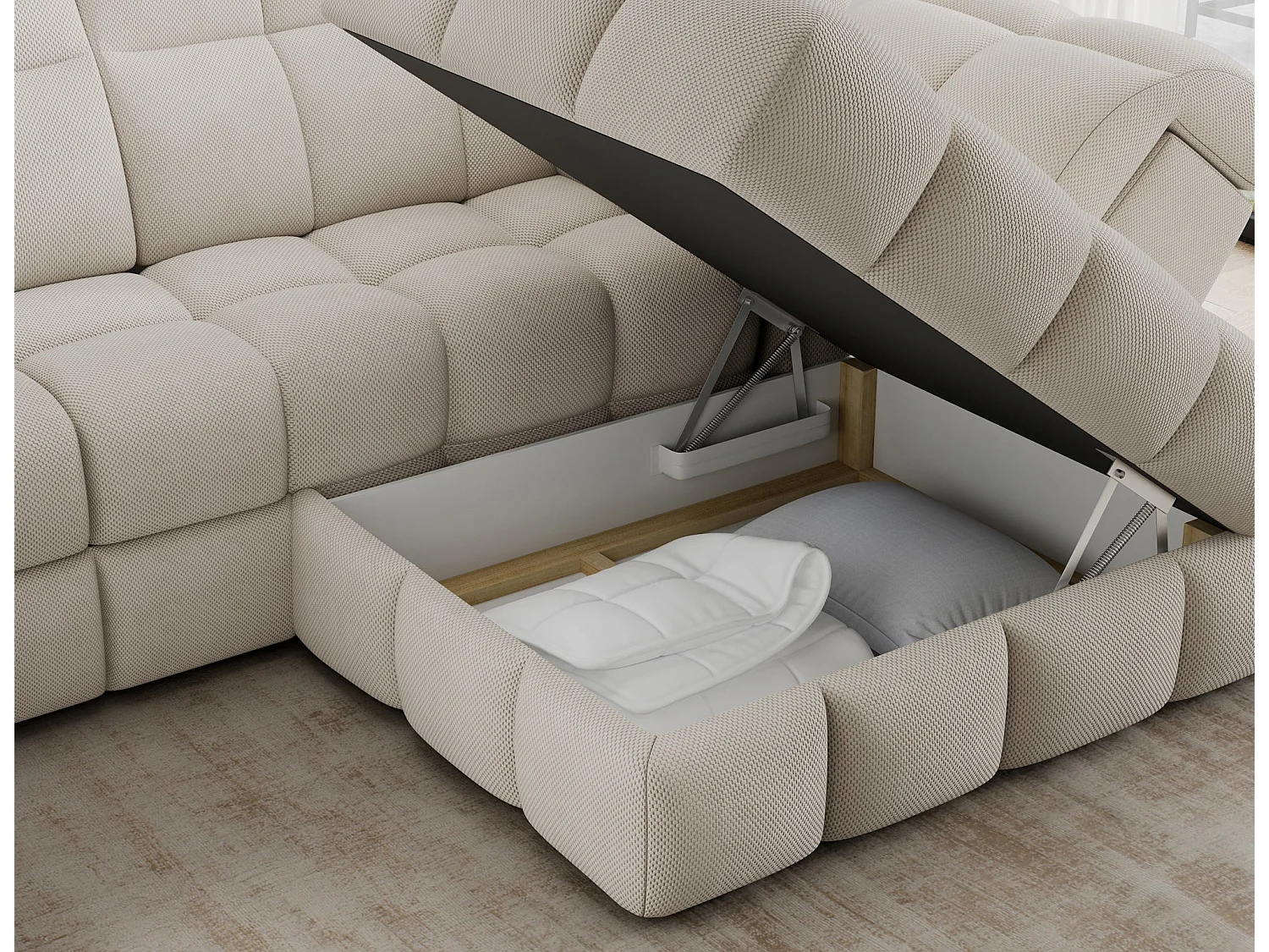 Ecksofa Bronon mit Schlaffunktion und Bettkasten – Modernes Design, verstellbare Kopfstützen und verschiebbare Rückenlehnen