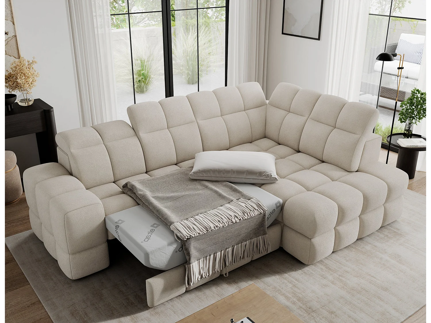 Ecksofa Bronon mit Schlaffunktion und Bettkasten – Modernes Design, verstellbare Kopfstützen und verschiebbare Rückenlehnen