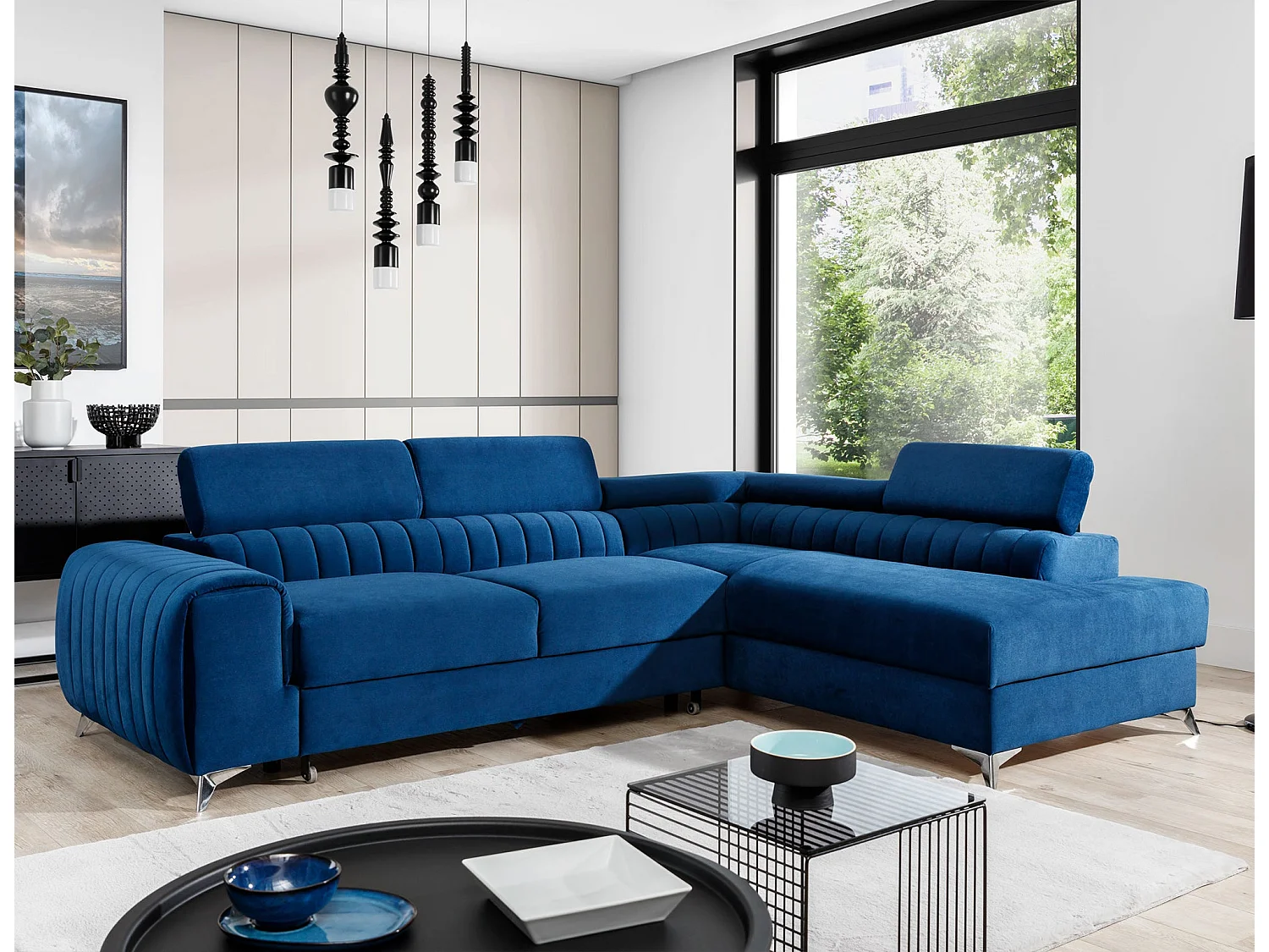 Canapé-Lit Moderne en Forme de L Bleu avec Appuie-Têtes Réglables & Rangement - Laurence 278 x 205 cm