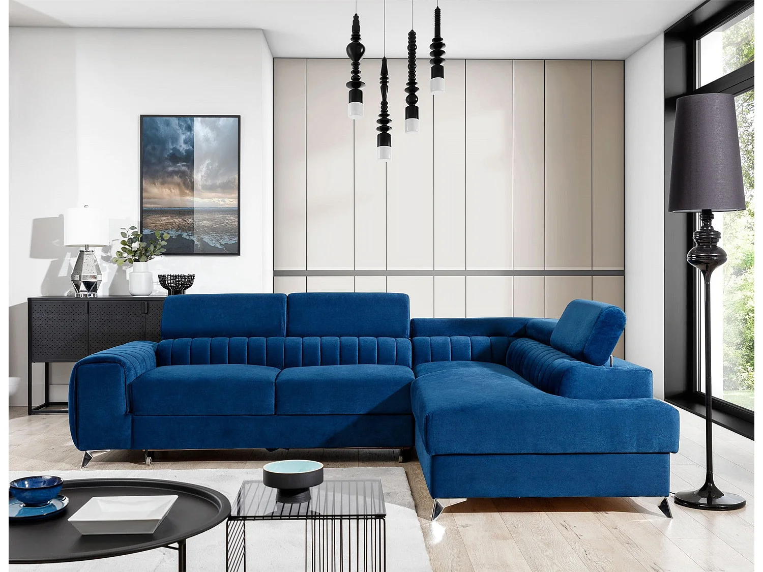 Canapé-Lit Moderne en Forme de L Bleu avec Appuie-Têtes Réglables & Rangement - Laurence 278 x 205 cm
