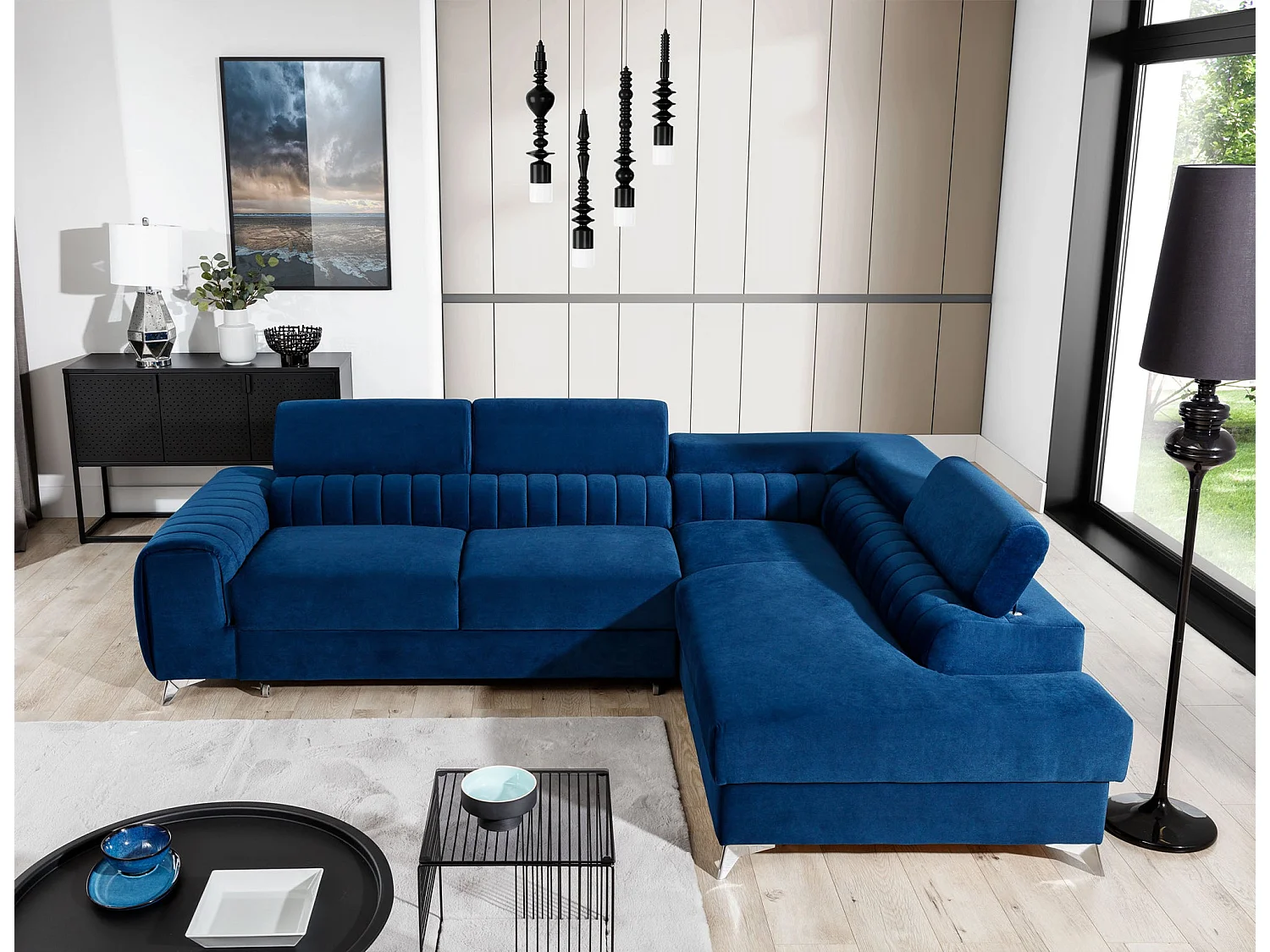 Canapé-Lit Moderne en Forme de L Bleu avec Appuie-Têtes Réglables & Rangement - Laurence 278 x 205 cm