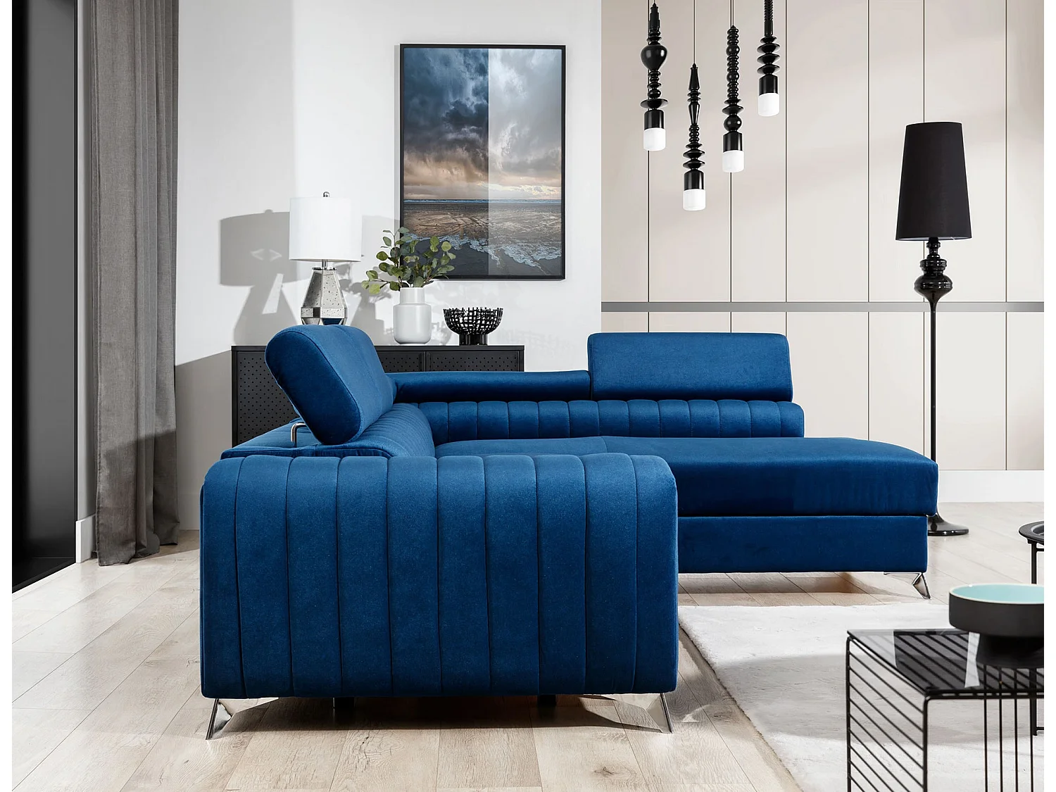 Canapé-Lit Moderne en Forme de L Bleu avec Appuie-Têtes Réglables & Rangement - Laurence 278 x 205 cm