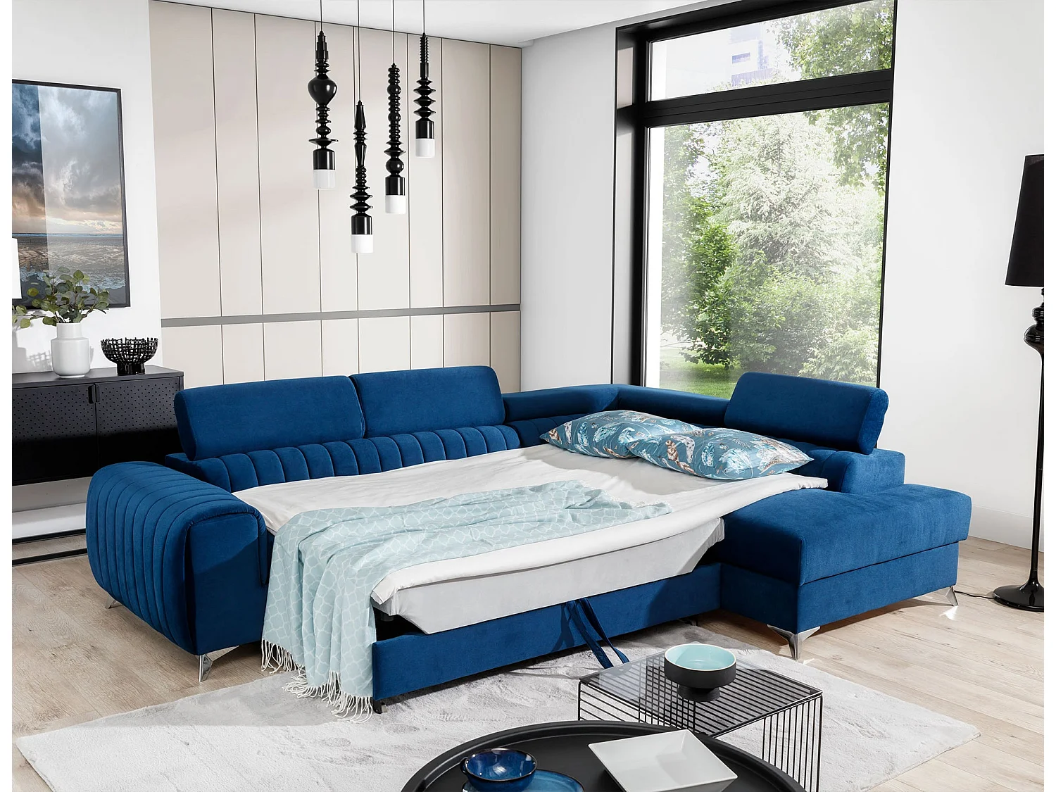 Canapé-Lit Moderne en Forme de L Bleu avec Appuie-Têtes Réglables & Rangement - Laurence 278 x 205 cm