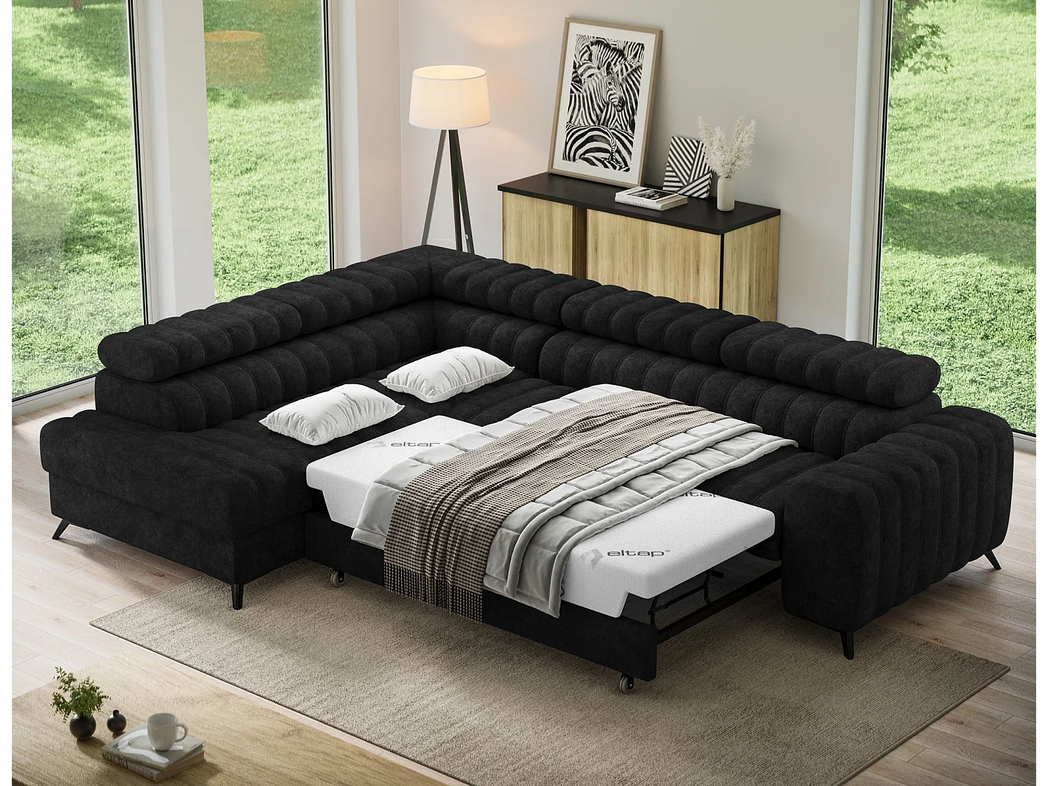 Kanedo Ecksofa mit Schlaffunktion und Bettkasten – Modernes Designsofa, verstellbare Kopfstützen, Metallfüße