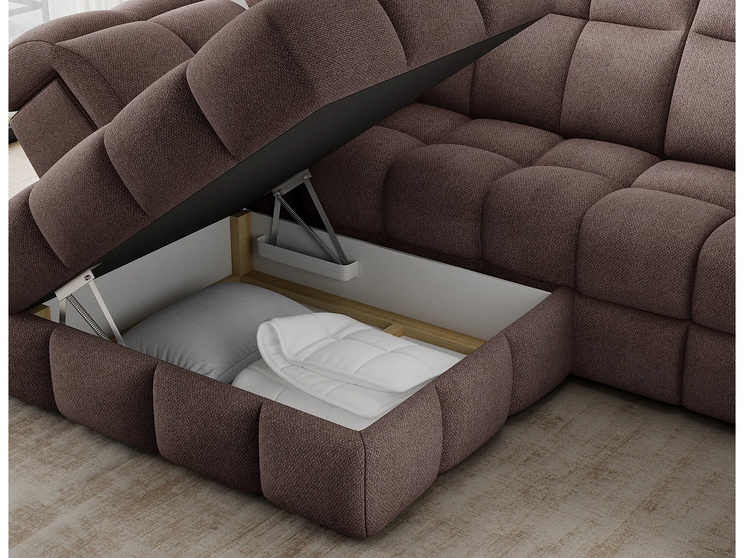 Ecksofa Bronon mit Schlaffunktion und Bettkasten – Modernes Design, verstellbare Kopfstützen und verschiebbare Rückenlehnen