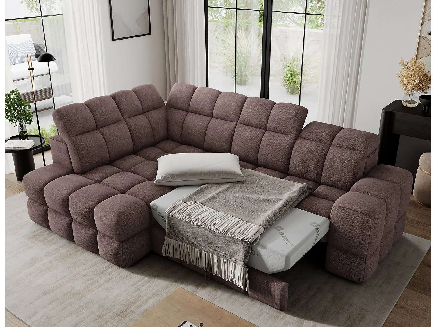 Ecksofa Bronon mit Schlaffunktion und Bettkasten – Modernes Design, verstellbare Kopfstützen und verschiebbare Rückenlehnen