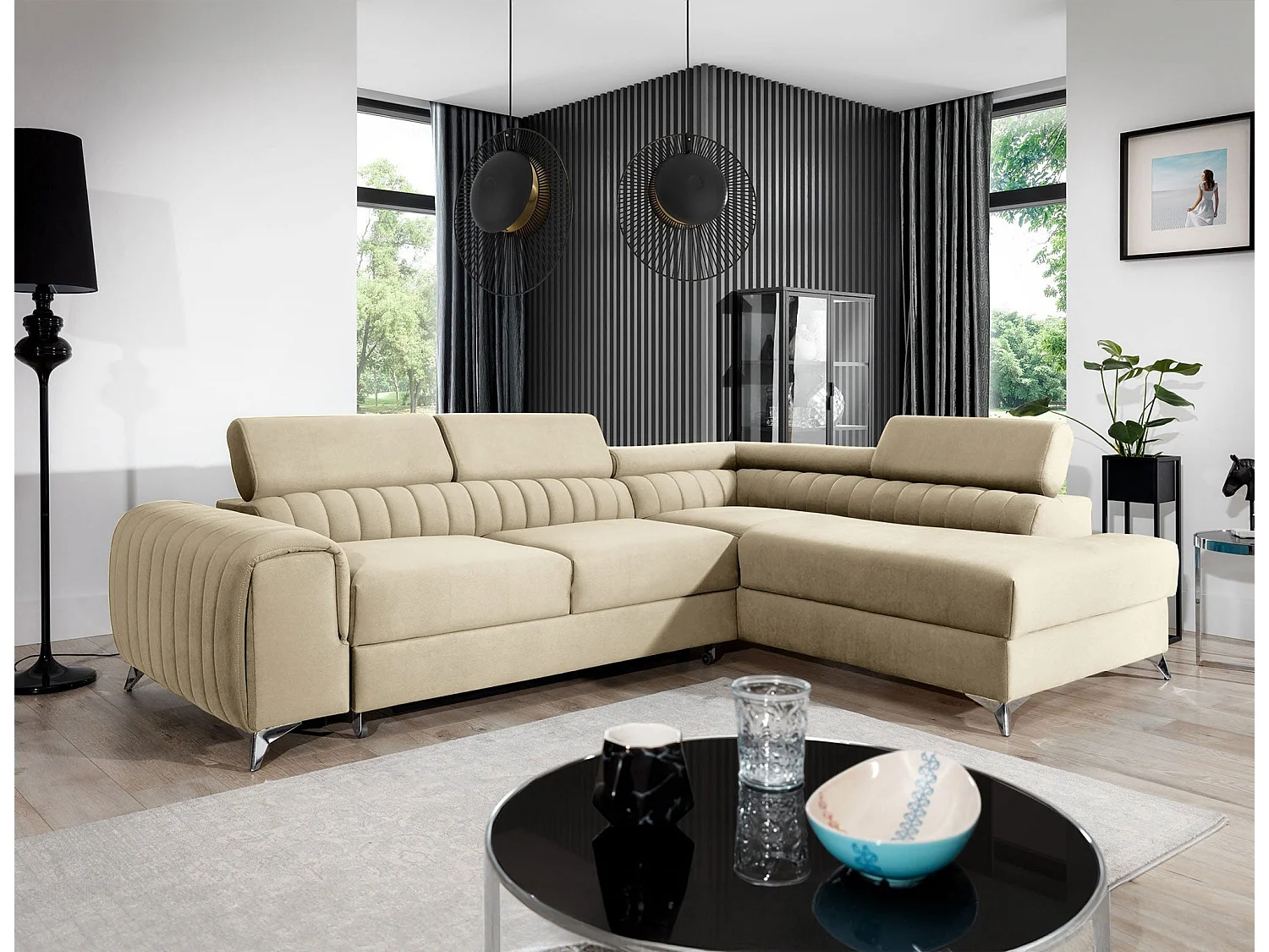 Divano Letto Moderno a Forma di L Laurence con Poggiatesta Regolabili e Contenitore - 278 x 205 cm