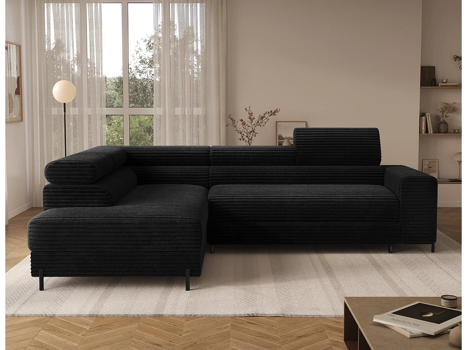Ecksofa COLESIO L-Form, Schlaffunktion, Bettkasten, verstellbare Kopfstützen, Wellenfederung, Metallfüße, breiter Cordstoff