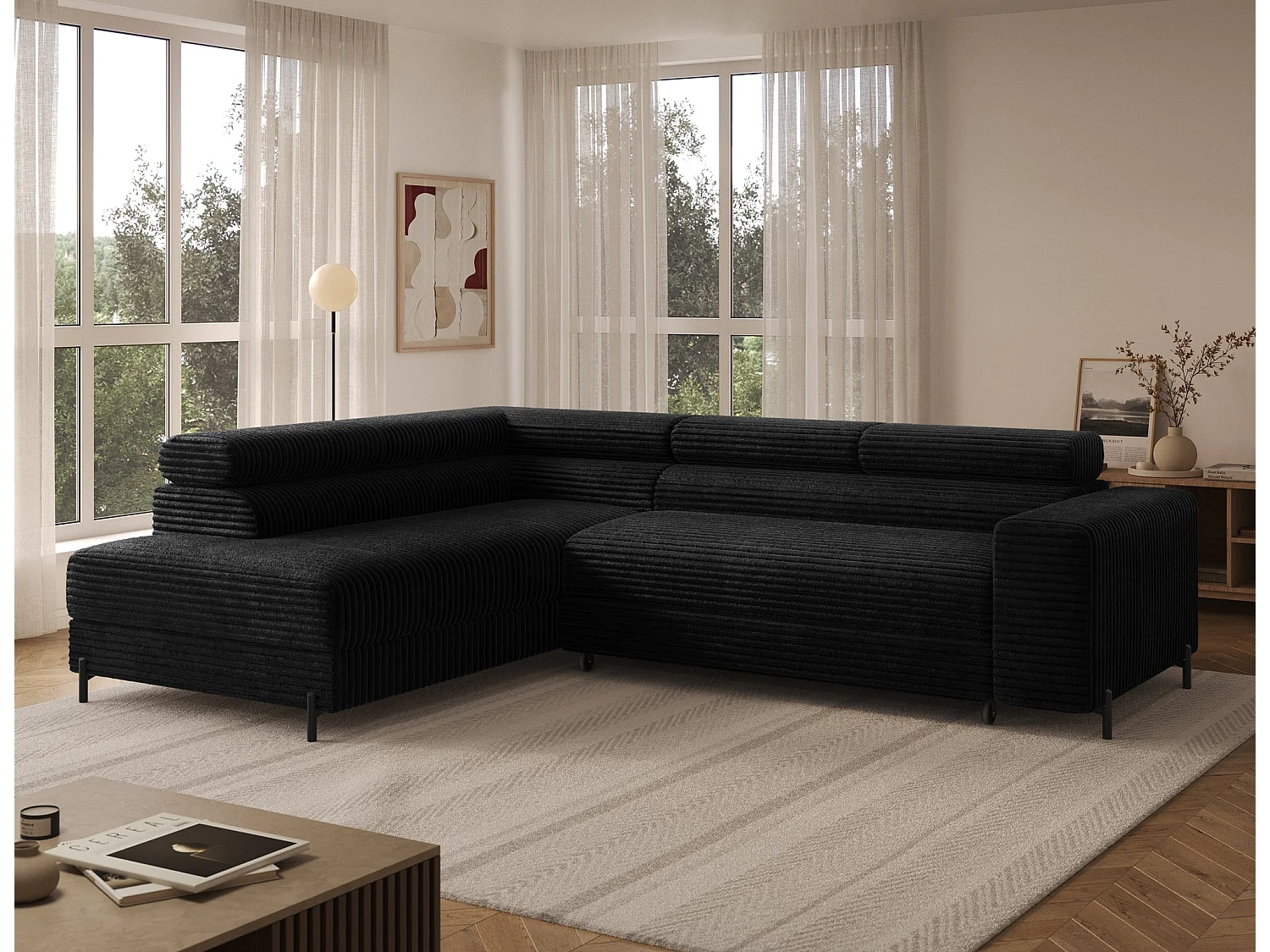 Ecksofa COLESIO L-Form, Schlaffunktion, Bettkasten, verstellbare Kopfstützen, Wellenfederung, Metallfüße, breiter Cordstoff