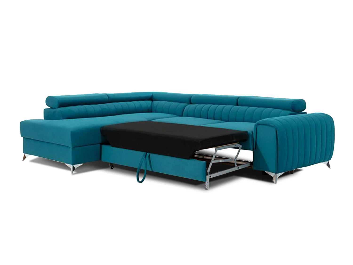Canapé d'angle moderne en tissu bleu avec repose-têtes réglables et rangement - 278 x 205 cm