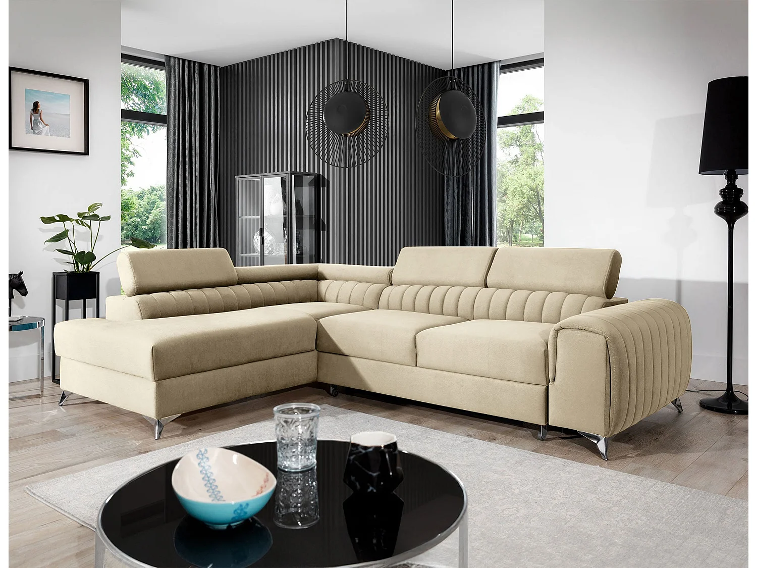 Moderno divano letto a L Laurence con contenitore - Poggiatesta regolabili, 278 x 205 cm