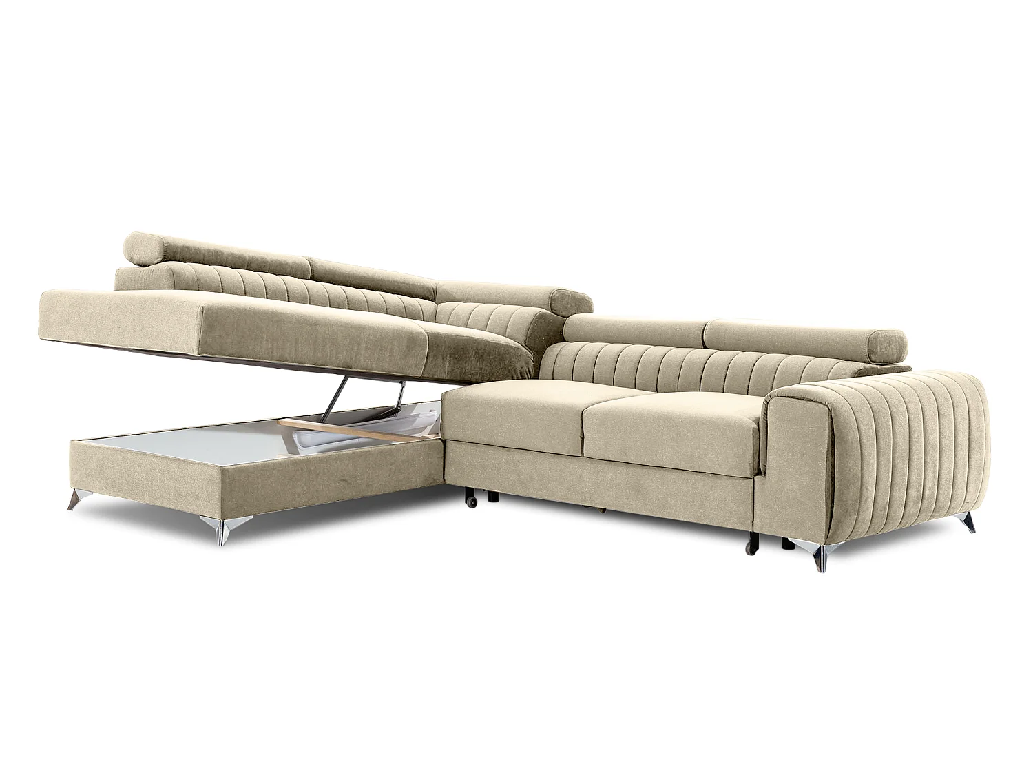 Moderno divano letto a L Laurence con contenitore - Poggiatesta regolabili, 278 x 205 cm